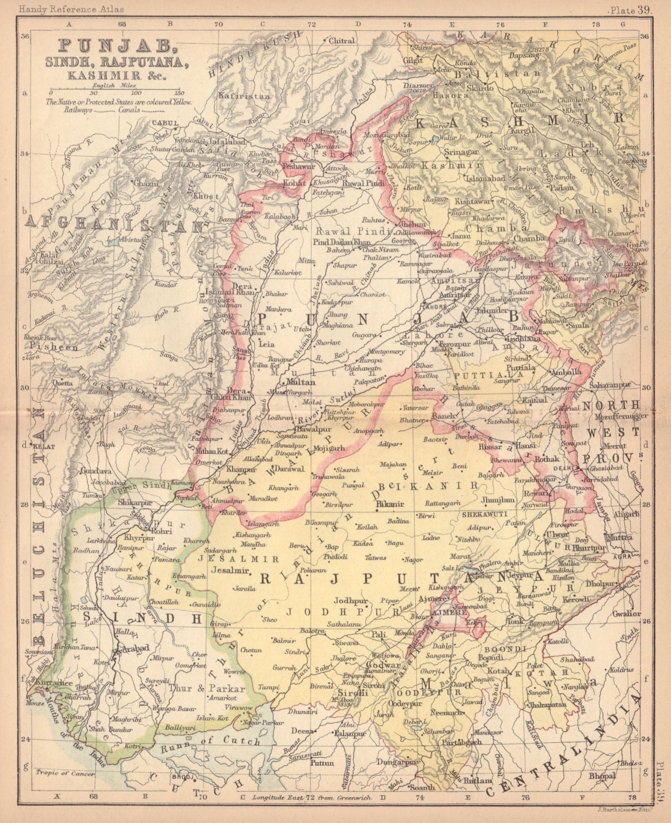 British India NW. Punjab Sindh Rajputana Kashmir Pakistan. BARTHOLOMEW 1888 map